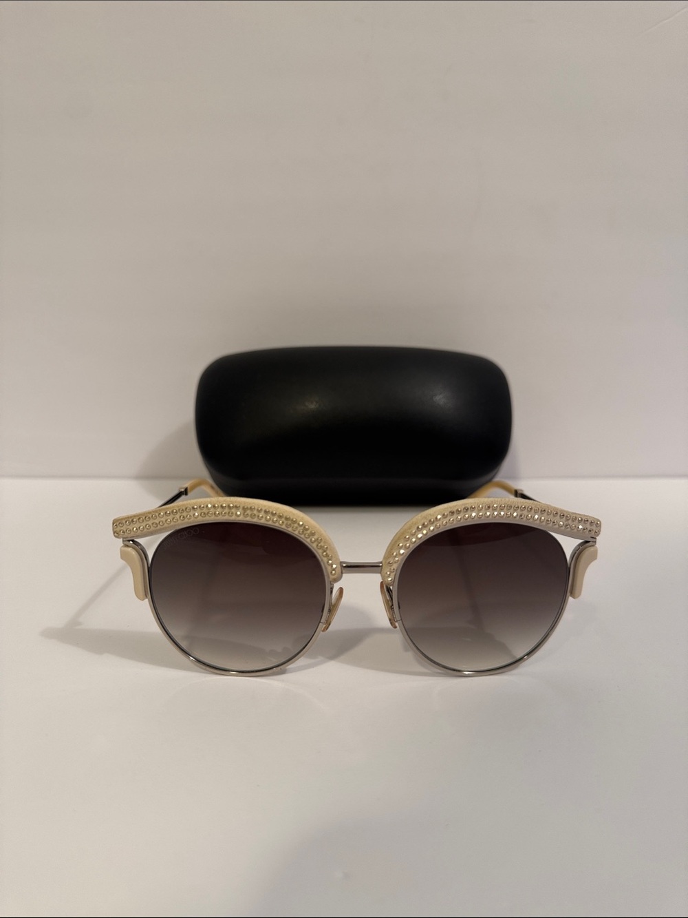Jimmy Choo Round Gradient Sunglasses with Crystal Trim - Cream/Gold